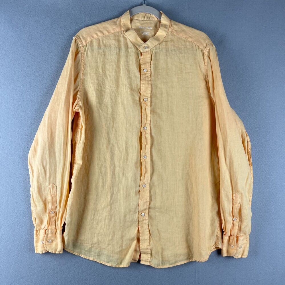 Massimo Dutti Linen Shirt Men XL Orange Button Up Dyed & Washed Long Sleeve